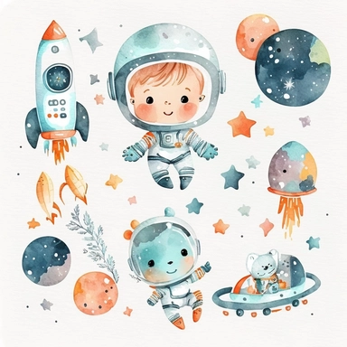Space watercolor nursery baby boy clipart cute astronaut planets rockets no text