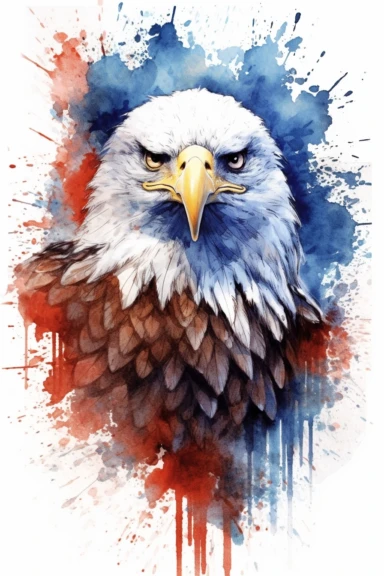 Watercolor American eagle, American Flag, double exposure, integrated, red white and blue, unreal engine, splashed, clipart, white background