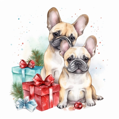 small clipart about french bulldogs celebrating christmas watercolour style