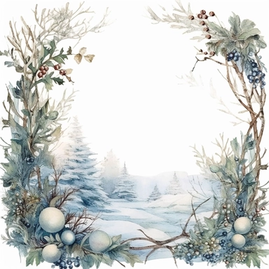 stunning christmas frame made of snowy branches , beautiful Christmas clipart, soft faded colors, beautiful watercolor art by Marjolein Bastin, Thomas Kinkade, Carl Larsson, Norman Rockwell, Susan Wheeler