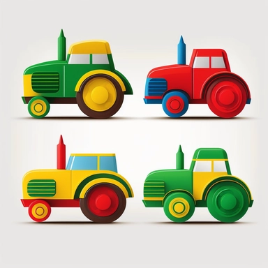 cute colourful vibrant red, green, blue an yellow farm tractor vehicles, each side profile view front view, rounded edges, rounded corners, detailed vector clean illustration, clipart, svg, white background