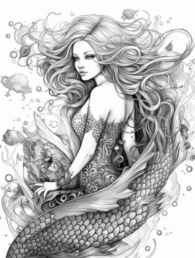Coloring book, white background, black and white, clip art. Mermaid. Fish bottom, woman top. Mermaid has large wings.