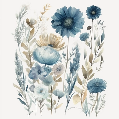 Create a captivating and ultra-detailed Bohemian Blue Watercolor Clipart Set, featuring an array of wild flowers with a touch of dusty blue. Each clipart element should be meticulously painted, capturing the essence of bohemian charm and the delicate beauty of watercolor. Incorporate a variety of wild flowers, such as daisies, sunflowers, and other blooms found in nature's wilderness, all adorned with stunning shades of dusty blue. Design the clipart set with intricate detailing, showcasing the 