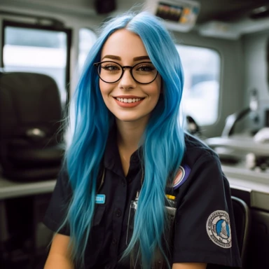 young mid twenty woman, long blue hair, black framed glasses, in a bright blue Medical Department workshirt, an ambulance patch on the side of the shirt, black Trousers, a Radio device clipped on the shoulders, smart, Fresh smile, 50mm, f1.8, Beatuy Retouche, beautiful, standing in Front of an American Hospital, sunset, happy, photorealistic, dark strong blue hair,