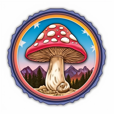 graphic bold, magic mushroom round logo, clipart, Colorado state flag colors