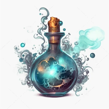 magical potion bottle, magical and mystical, video game style, clean and crisp, clipart, illustration, alchemical, smoke and embelishments, wizards potions, isolated on white background