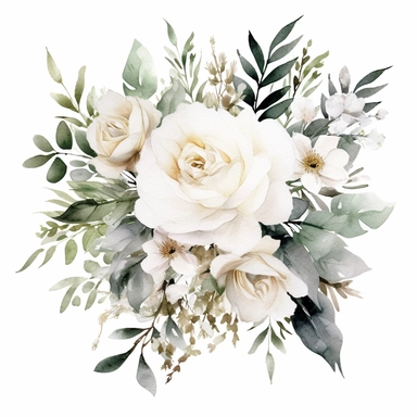 one white floral bouquet Watercolor clipart with white background and leaves by sarah tuscany, in the style of digital gradient blends, dau al set, decorative borders, ue5, black background, kinuko y. craft, ephemera, no watermark, text, 300 DPI , typography, shapes do not stick together, no text in the picture, on a white background