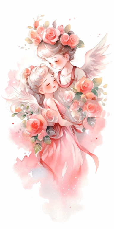 Watercolor beautiful wild roses fantasy art, Soulmates, a couple, Angel girl and boy with beautiful face and perfect eyes with flowers, angel wing, chibi kawaii animated style, vivid vibrant colors, intricate detail, hyper detailed, hyper quality, 32K, unreal engine, isolated on white background, kawaii, clipart