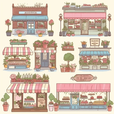 grocery store, flower shop, bakery, ice cream shop, cafe graphic clipart in one photo