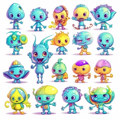 cute clipart of cartoon alien characters in different poses, chibi, colorful and cute, ultra detailed, vibrant colors, white background