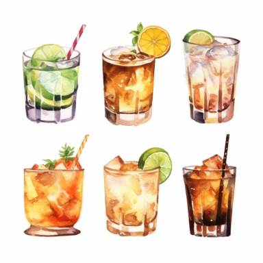 6 margarita cocktail, watercolor clipart, spaced out, boho, earth tones, ice cubes, hd, fancy glasses