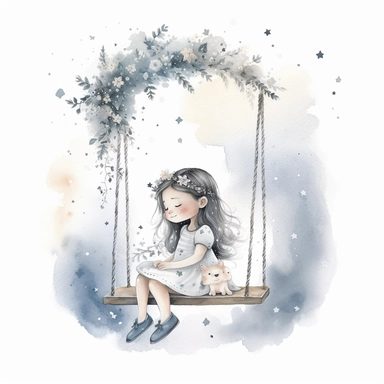 pale soft little girl, 5 years, long haïr, sitting on a swing hanging under a très, with flower headband, in the style of whimsical, stars, moon, detailed character illustrations, book illustration, watercolor style, textured paper, white background clipart