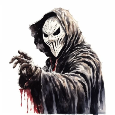 A haunting portrait of the Ghostface killer from the Scream series, with his iconic mask, black robe, and a knife ready to strike, representing the embodiment of terror. Clipart, watercolor, white background, intricate detail.