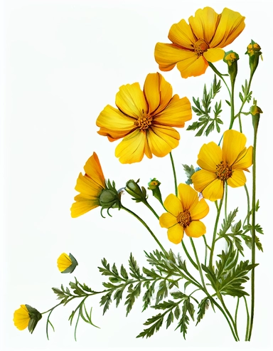 detailed vibrant watercolor yellow cosmos flower side corner border, isolated on white space background, realistic, clipart