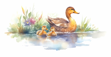 Adorable mother and baby duck, lake, countryside, pastel colours, ornamental watercolor clipart, white background, I can’t believe how beautiful this is