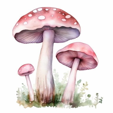 tall skinny white and pink spotted mushrooms in the jungle clip art, water color style, white background, no text or word
