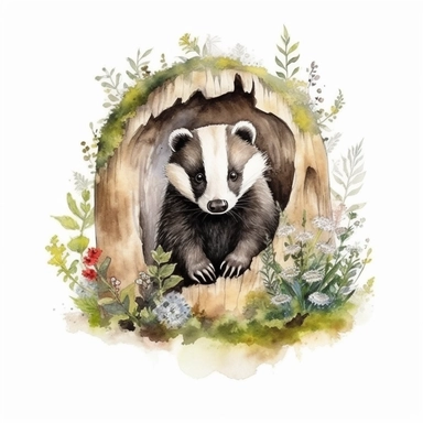 WOODLAND BADGER, CLIPART, WATER COLOUR, WHITE BACKGROUND