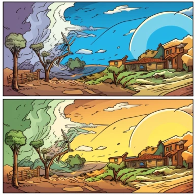 A hurricane and a drought in two separate panels, divided screen, award winning cartoon drawing, clipart, animation, bright colors, vector