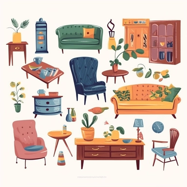home furniture clipart set, sofa, chair, tv, lamp, rug, table, dining set, chest of drawers, bed, bunk bed, coffee table, plant, fish bowl, rocking chair, book case
