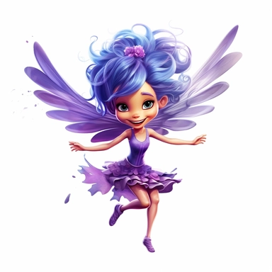 Playful little fairy with purple wings, twirling in mid-air, showcasing a happy expression, deep, expressive eyes, and shimmering wings, on a white background with rich, vibrant hues and high contrast. on white background, clipart