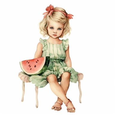 vintage adorable little girl eating watermelon, full body, pastel beige colors, clipart style, accurate details, watercolor technique, super high quality, professional watercolor clipart, high resolution