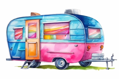 colorful bright vibrant neon vintage camper, watercolor clip art