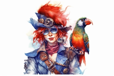 Watercolor, Design a cartoon character dressed as a pirate, with an eye patch and a parrot on the shoulder, depicting a female pirate clipart, hd, on a white background, spaced out