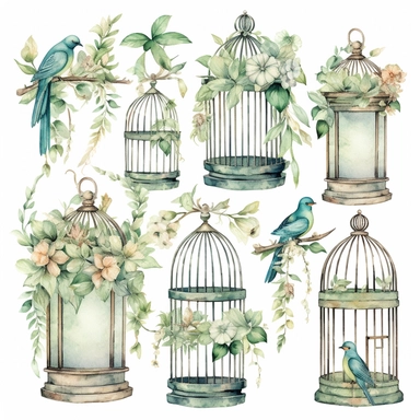 watercolor shabby chic Boho Clipart in blues and greens and neutrals, floral wedding bird cages with greenery inside , gorgeous watercolor high detail, pretty boho colors, different elements