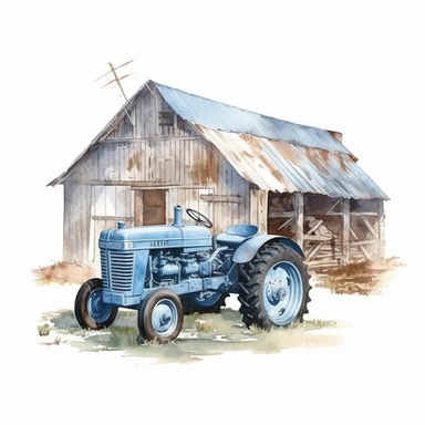 Farm barn light blue and and tractor clipart watercolor on a white background, high quality, photorealistic highly detailed watercolor painting