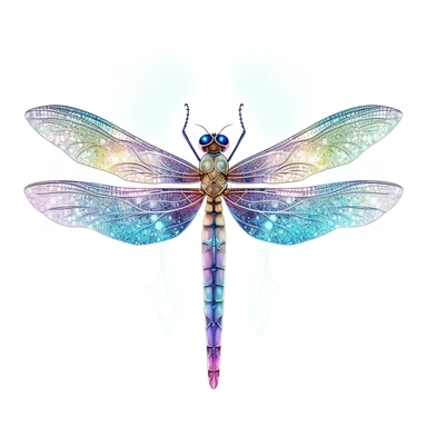 a beautiful ethereal dragonfly, clipart, blue cyan green purple pale yellow, clipart, hd, centered, white background, image only