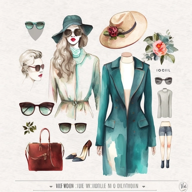 watercolor vintage boutique fashion clipart, white background, spaced out, hd--v 5