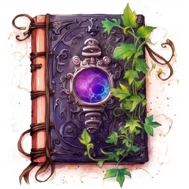 watercolor spell book, witchy motif's, vines, leather bound, clasp, illustration clipart, fantasy