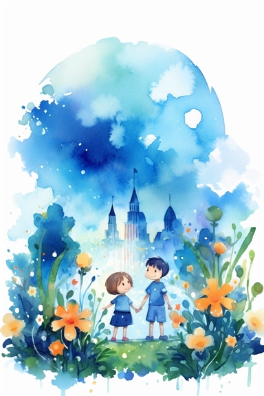 children book illustration. cartoon garden with flowers and blue sky. Watercolor clipart. Pixar animation
