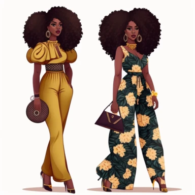 stunningly beautiful full body afican american woman clipart with voluminous curly hair wearing a fashion nova outfit??? , fashionable, clutch handbag, isolated design, clipart image inspired by Hui Mu