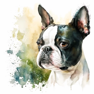 a watercolor painting of a Boston Terrier, clipart, white background