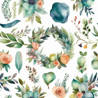 Design a set of watercolor-style digital cliparts specifically for wedding and event decorations. The cliparts should include elements such as flowers, garlands, wreaths, ribbons, and romantic symbols like hearts and doves. Consider various color palettes and styles to cater to both traditional and modern weddings and events. The cliparts should be versatile and suitable for use in invitations, save-the-date cards, menu cards, table cards, seating charts, and other decorative elements