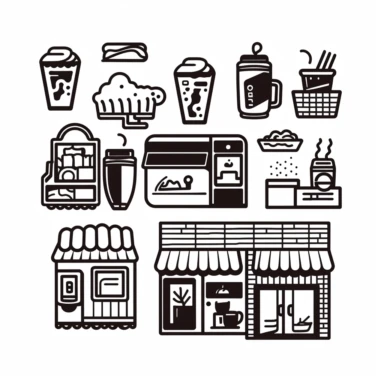illustrations in png in black and white in the style of clip art of a tech enabled grab and go mexican coffe chain, include images of different types of real estate such as small brick and mortar shops, kiosks and pickup windows, along with visually appealing espresso based drinks and and iphone screenshot that shows how you can order online. draw inspiration from japanese, scandinavian, us northeastern architecture and a local touch