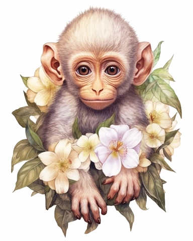 detailed watercolor Baby Monkey with flowers , hyper realistic, isolated on a white background, clipart