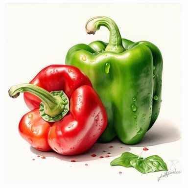 clipart of one red and one green bell pepper, surrounded by white background, wide shot, very detailed, watercolor illustration, white background, cinematic, high quality, 32 k,