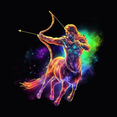 Sagittarius, man mixed with horse shooting a bow and arrow like an archer, rainbow, galaxy, fluorescense, beautiful, looking to the side, clipart /8k/
