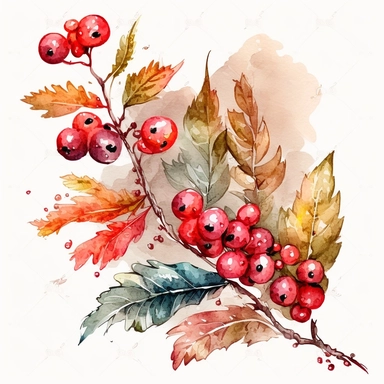 red berrys on a branch, fall, watercolor, clipart