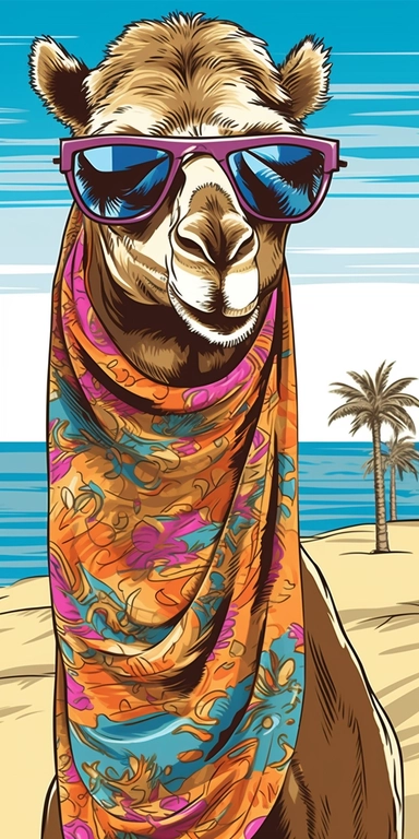 vector clipart camel with the big sunglasses and beach towel on its neck located on the Dubai's beach,