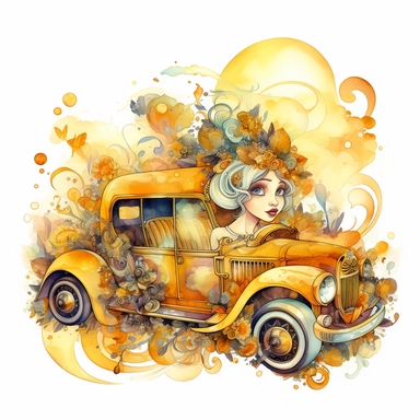 cartoons stiker planet car watercolor pop art style clipart by Gustav Klimt golden angel , on a white background, detailed, realistic