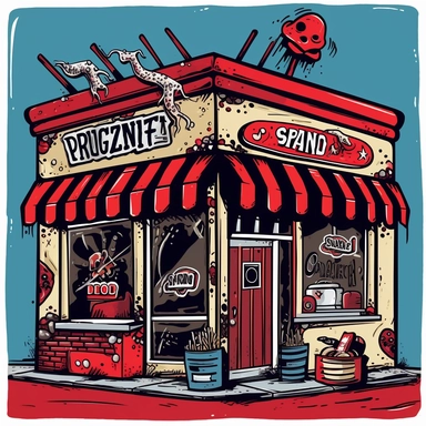 Design clipart for a pastry shop, infusing a bold punk aesthetic throughout. The artwork should include typical pastry shop elements such as cakes, pastries, and coffee mugs, but these should be dramatically reimagined through the lens of punk culture. Think about incorporating elements like spikes, studs, graffiti, and heavy, angular lines. The color palette should predominantly feature red, gold, blue, and black to mirror the rebellious spirit of punk, whilst ensuring the artwork remains vibra