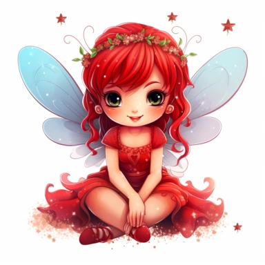 a picture of a cute red, glittery fairy with wings sitting and happy knowing her friends love her for clipart on a white background