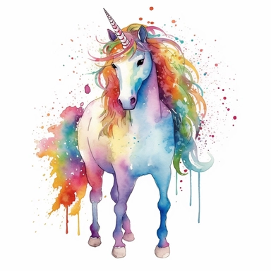 A whimsical watercolor rainbow unicorn clipart standing proudly on a pristine white background, its mane and tail bursting with lively colors reminiscent of a rainbow, each stroke and blend of watercolor adding a unique texture and depth, creating a playful and joyful vibe, the unicorn's body embellished with delicate splashes of watercolor pigments, conveying a sense of vibrant energy and magic, Illustration, watercolor painting on paper, 4k, white background