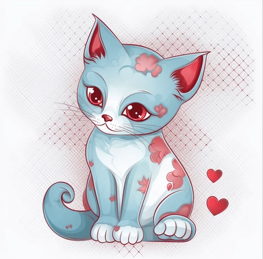 kitty clipart with hearts on transparent background, in the style of light sky-blue and dark red, 32k uhd, simplified line work