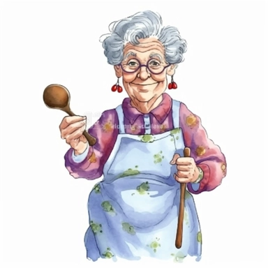 Granny with spoon, Grandma, illustration, extremely detailed, illustration clipart, on white background, watercolor
