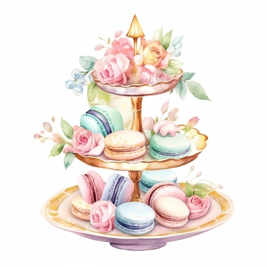 Clipart, Watercolor, Boho tier candy tray with cakes, cupcakes, macarrons and flowers, pastel color, hand-draw, texture