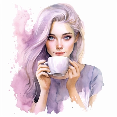 girl drinking coffee, in the style of watercolor illustrations, pink and gold, soft lilac, serenity and harmony, various stroke techniques, on white background, clipart
